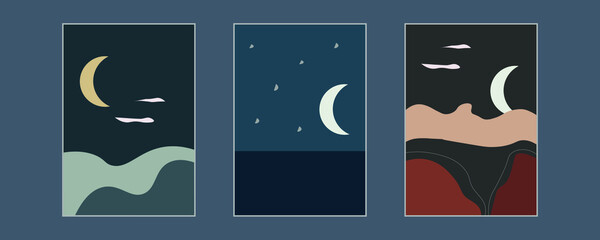 Abstract landscape poster collection. Set of contemporary art print templates. Nature backgrounds for your social media. Moon, sea, mountains bundle.	