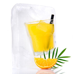 Frozen Tangerine Juice Glass - Ice Cube - Ice Melting - White Background