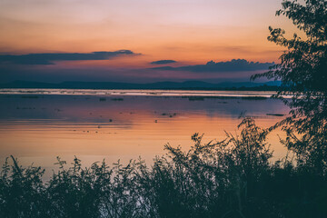 long exposure sunset sky and  lake reflection with mountains in the background. blurred wild grass blowing in the wind on foreground
