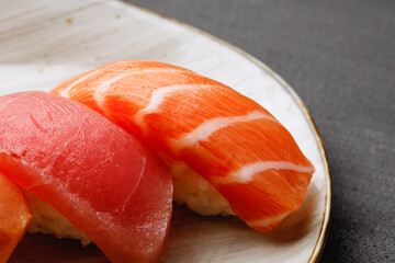 Clsoe up of nigiri sushi on plate