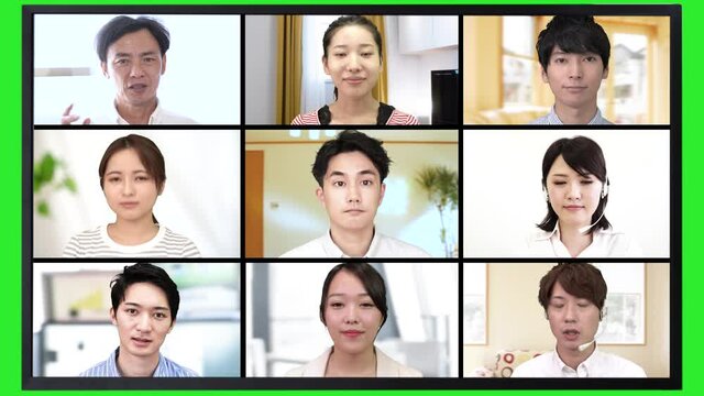 オンライン会議　イメージ　9人　左上がホスト・上司　モニター枠付　クロマキー　合成用