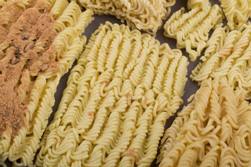 dried instant noodles, isolated on gray background.