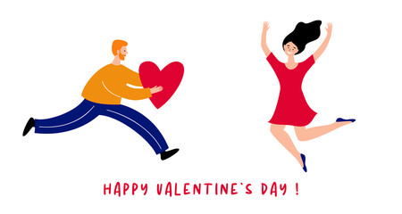 A man is in a hurry to congratulate his beloved woman on Valentine s Day. Vector.