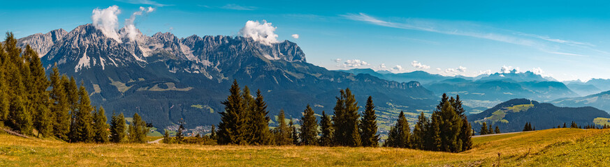 High resolution stitched panorama of a beautiful alpine summer view at the famous Hartkaiser summit, Ellmau, Wilder Kaiser, Tyrol, Austria