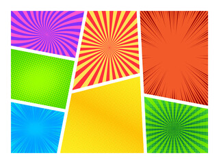 Comic book page template in pop art style. Colorful frames divided by lines with rays, halftone, and dotted effects. Vector illustration