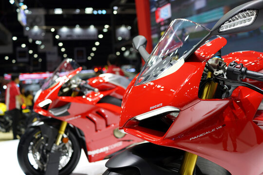 Close up the elegant design of Ducati motorcycle display in the exhibition hall. It is the motorcycle-manufacturing division of Italian company Ducati. BANGKOK, THAILAND - 6 APR 2019.