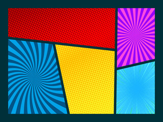 Comic book page template in pop art style. Colorful frames divided by lines with rays, halftone, and dotted effects. Vector illustration