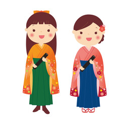 卒業　袴姿の女性二人　背景なし