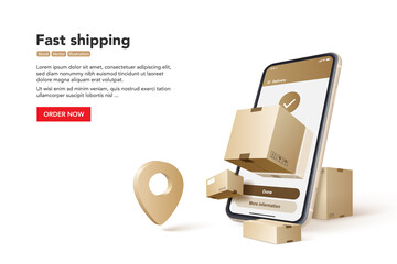 Fast shipping banner with phone and parcels. Concept for fast delivery service. Vector illustration