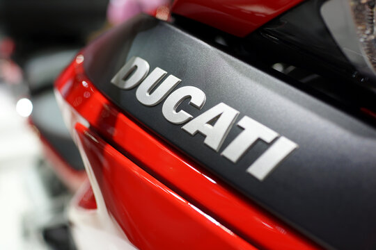 Close up elegant Ducati logo sign on motorcycle display in exhibition hall. Ducati Motor is the motorcycle-manufacturing division of Italian company. BANGKOK, THAILAND - 6 APR 2019.