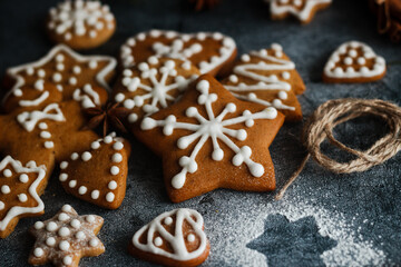 Christmas gingerbread. Delicious gingerbread cookies with honey, ginger and cinnamon. Winter composition. Great for New Year's or Christmas designs