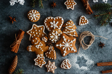 Christmas gingerbread. Delicious gingerbread cookies with honey, ginger and cinnamon. Winter composition. Great for New Year's or Christmas designs