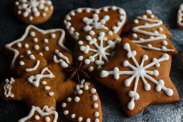 Christmas gingerbread. Delicious gingerbread cookies with honey, ginger and cinnamon. Winter composition. Great for New Year's or Christmas designs