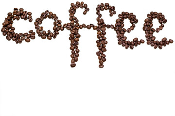 Word coffee written in grains. White background.