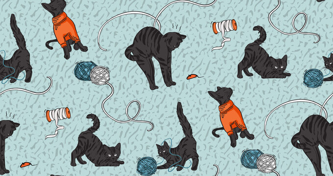 Cat funny print, craft stitching, embroidery print. Black Cat playing with yarn at home, catlover background.  Knitting sewing seamless pattern  in vector