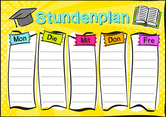 Fototapeta na wymiar German Bright template of a school schedule for 5 days of the week for students. Blank for a list of school subjects. Vector illustration in pop art styles for Germany. Translation: Timetable
