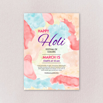 Holi festival flyer poster template with colorful abstract watercolor background