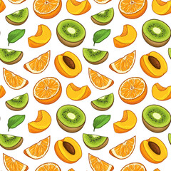 Colorful fruits. Pieces of apricot, orange and kiwi. Seamless vector pattern.