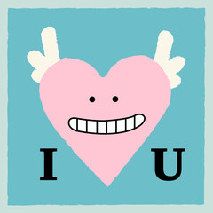 Big pink heart with a smile and wings. Trendy hand drawn vector greeting card, invitation. Valentine s day concept. Minimalist Valentine s Day design for web and print. Cute illustrated love card