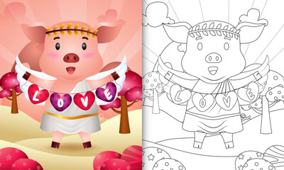 coloring book for kids with a cute pig angel using cupid costume holding heart shape flag