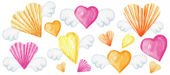 Watercolor paper heart with wings icon set I love you Greeting card concept. Wedding or Valentine's Day banner, poster design. Orange peach yellow pink hearts Hand drawn isolated on white background