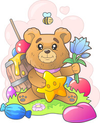 Obraz na płótnie Canvas little cute bear with flowers, funny illustration