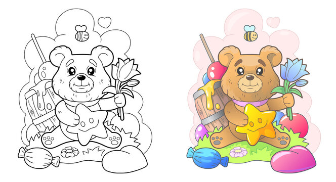 little cute bear with flowers, funny illustration