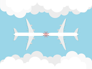 Planes coming out of the clouds collide. Passenger planes face each other. Passenger planes colliding in the sky. Aircraft radar system failure