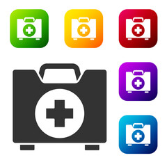 Obraz premium Black First aid kit icon isolated on white background. Medical box with cross. Medical equipment for emergency. Healthcare concept. Set icons in color square buttons. Vector Illustration.