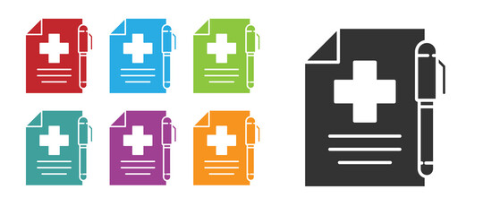 Black Medical prescription and pen icon isolated on white background. Rx form. Recipe medical. Pharmacy or medicine symbol. Set icons colorful. Vector Illustration.