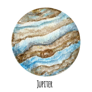 Jupiter Planet of the Solar System watercolor isolated illustration on white background. Outer Space planet hand drawn. Our galaxy astronomy education material.
