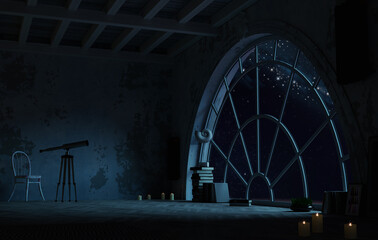 Room with arch window night and space