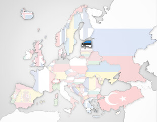 3D Europakarte auf der Estland hervorgehoben wird und die restlichen Flaggen transparent sind	
