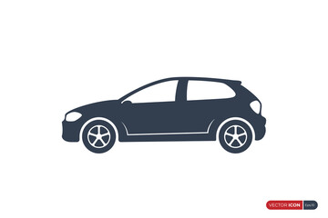 Car Icon with Racing Wheels Side View isolated on White Background. Usable for Automobile Logo. Flat Vector Illustration Design Template Element.