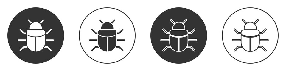 Black System bug concept icon isolated on white background. Code bug concept. Bug in the system. Bug searching. Circle button. Vector.