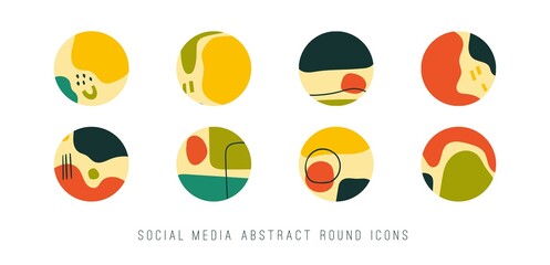 Abstract modern Vector Backgrounds. Hand drawn various Shapes and lines. Set of eight Round Patterns. Contemporary design. Social media stories or avatar templates. Every icon is Isolated on white