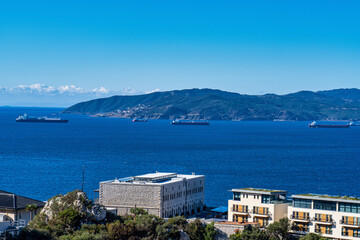 Panoramic view of the port of Gibraltar and the bay of Algeciras full of boats