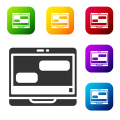 Black New chat messages notification on laptop icon isolated on white background. Smartphone chatting sms messages speech bubbles. Set icons in color square buttons. Vector.