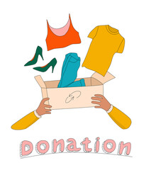 Hands are holding cardboard box with clothes and making donation.Charity and humanitarian aid concept.Swapping,exchanging garment.Doodle style elements.Eco lifestyle.Giving your wardrobe second chance