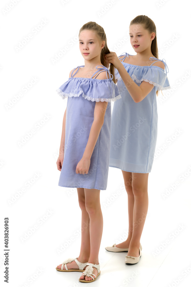 Sticker Twin Sisters in Identical Light Dresses, Girl Braiding her Siste