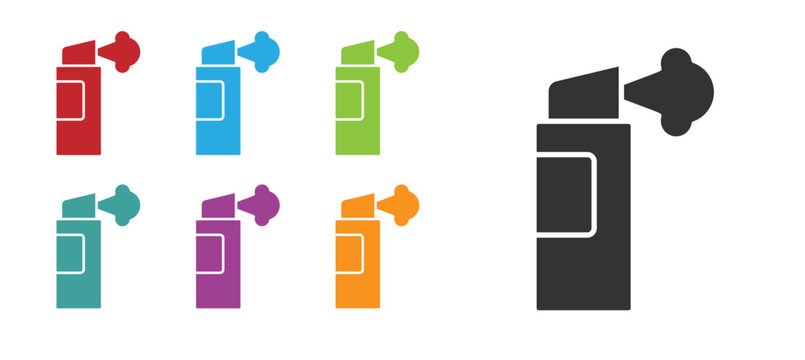 Black Pepper spray icon isolated on white background. OC gas. Capsicum self defense aerosol. Set icons colorful. Vector.