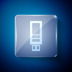 White USB flash drive icon isolated on blue background. Square glass panels. Vector.