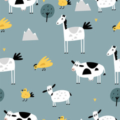 Vector flat illustartions set of standing animals - horse, cow, chicken and bird with sheep. Funny characters for kids. Cartoon style seamless patterns.