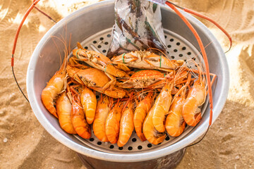 King prawn seafood is served freshly prepared on the beach in Pattaya District Chonburi Thailand Southeast Asia
