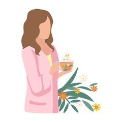 The girl drinks herbal tea for health. Alternative medicine and herbal medicine. Isolated vector illustration.