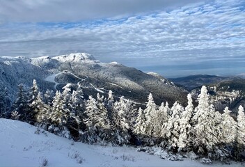 Beautiful snow day at the Stowe Mountain Ski resort Vermont - December 2020