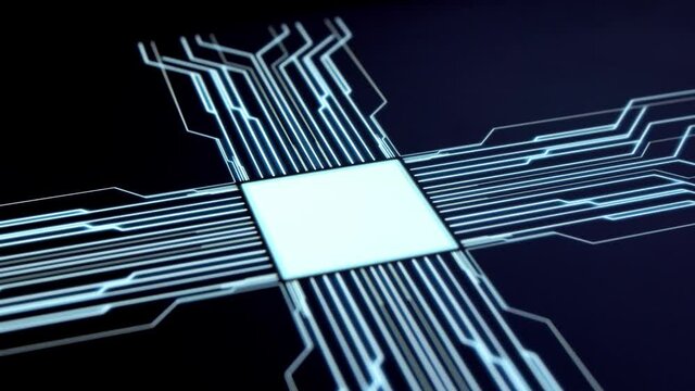 Digital button on a touchscreen. Futuristic microprocessor is starting the operation of the computer program. Machine learning and artificial intelligence concept.