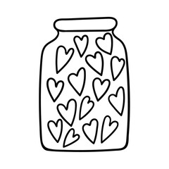 A jar filled with hearts. Simple decorative design element. The outline illustration is hand-drawn, isolated on a white background. Black white vector