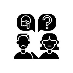 Fototapeta premium Talk to someone black glyph icon. Help to upset person. Psychological support for abuse victim. Sad man speak with woman. Silhouette symbol on white space. Vector isolated illustration