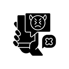 Social media cyberbullying black glyph icon. Teenager cyberharassment. Hurtful online comments. Internet hate from trolls. Silhouette symbol on white space. Vector isolated illustration